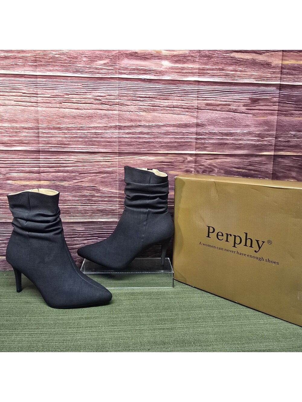 Perphy Slouched Boot Stiletto Heels  Faux Leather Ankle Boots Dark Gray 9.5 New